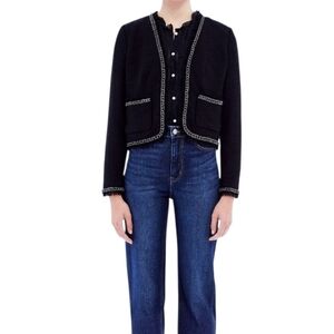 REBECCA TAYLOR Boucle Fringe Chain Detail Black Open Front Cropped Blazer 4